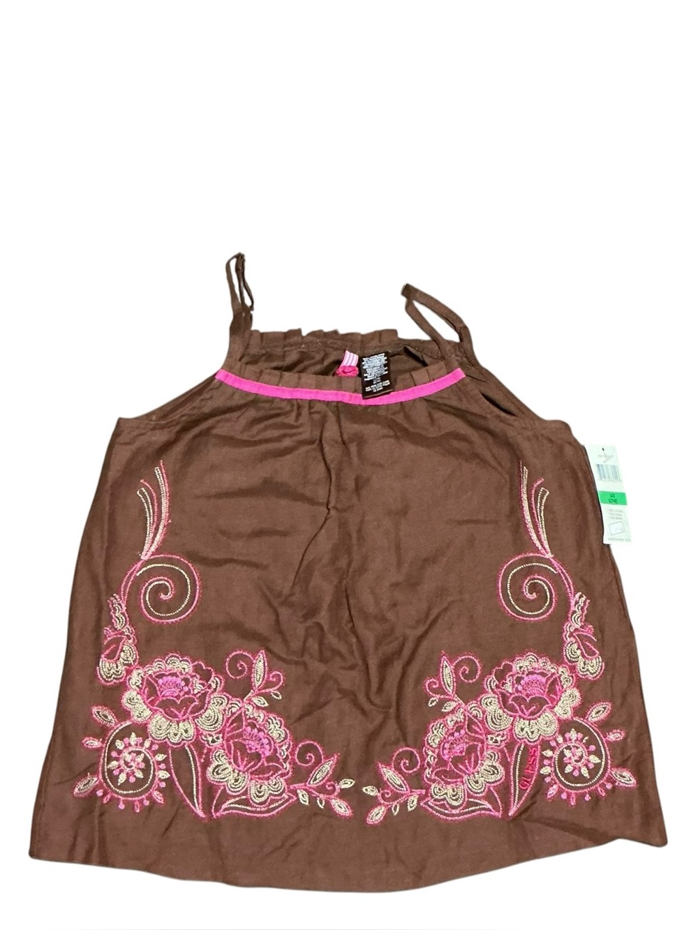 Guess Brown Tank Top with Pink Floral Embroidery
